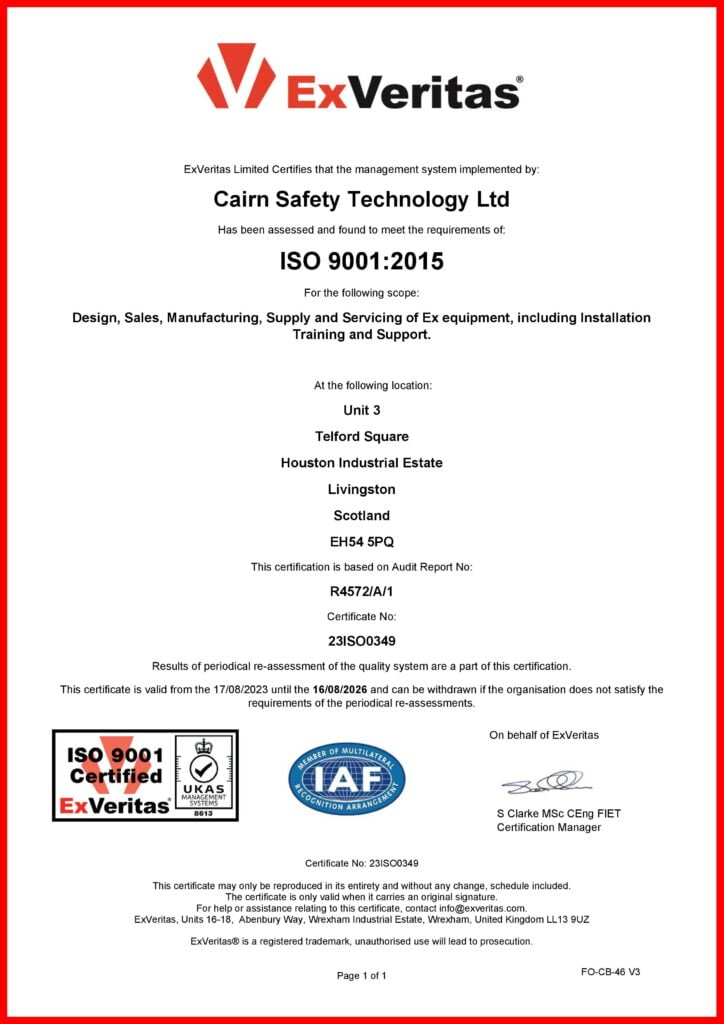 Cairn Safety Technology ISO 9001:2015 Certificate